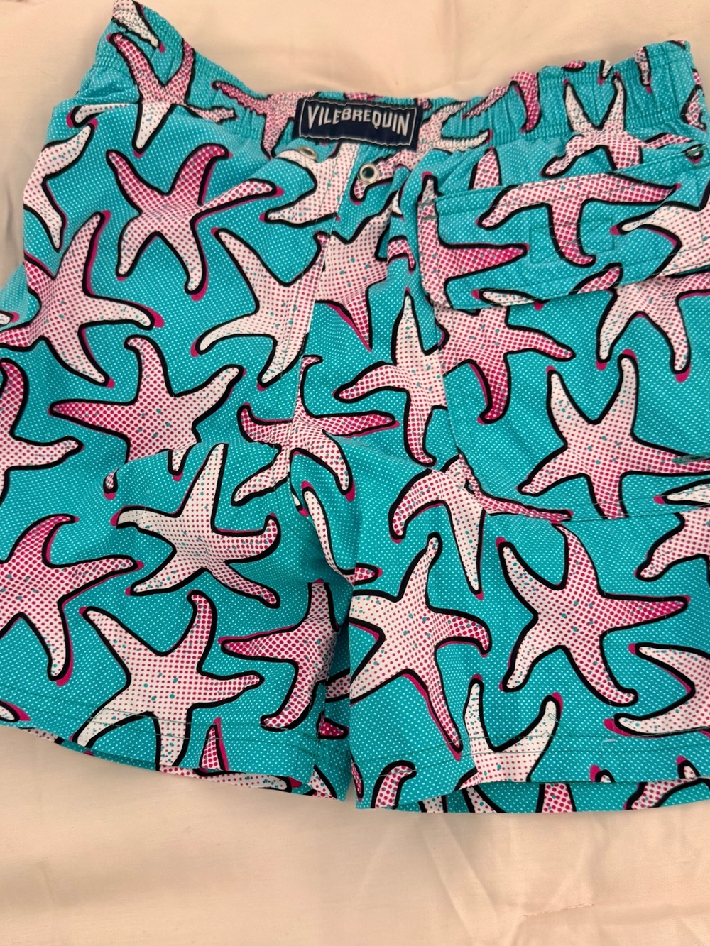 Vilebrequin Turquoise Swim Shorts with Pink & White Starfish Print